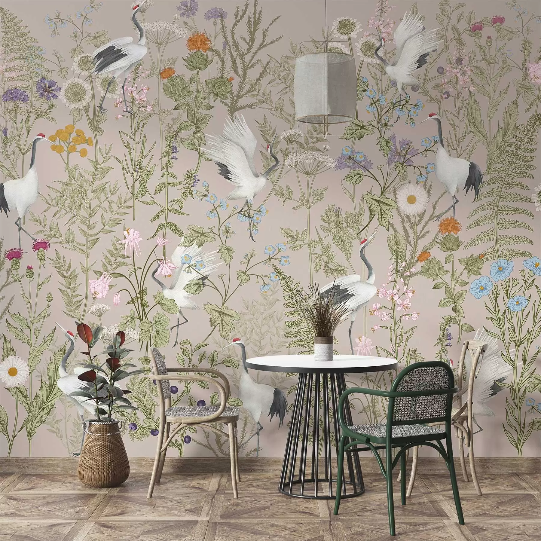 wall murals Елегантни ждралови међу живим цветовима w00380