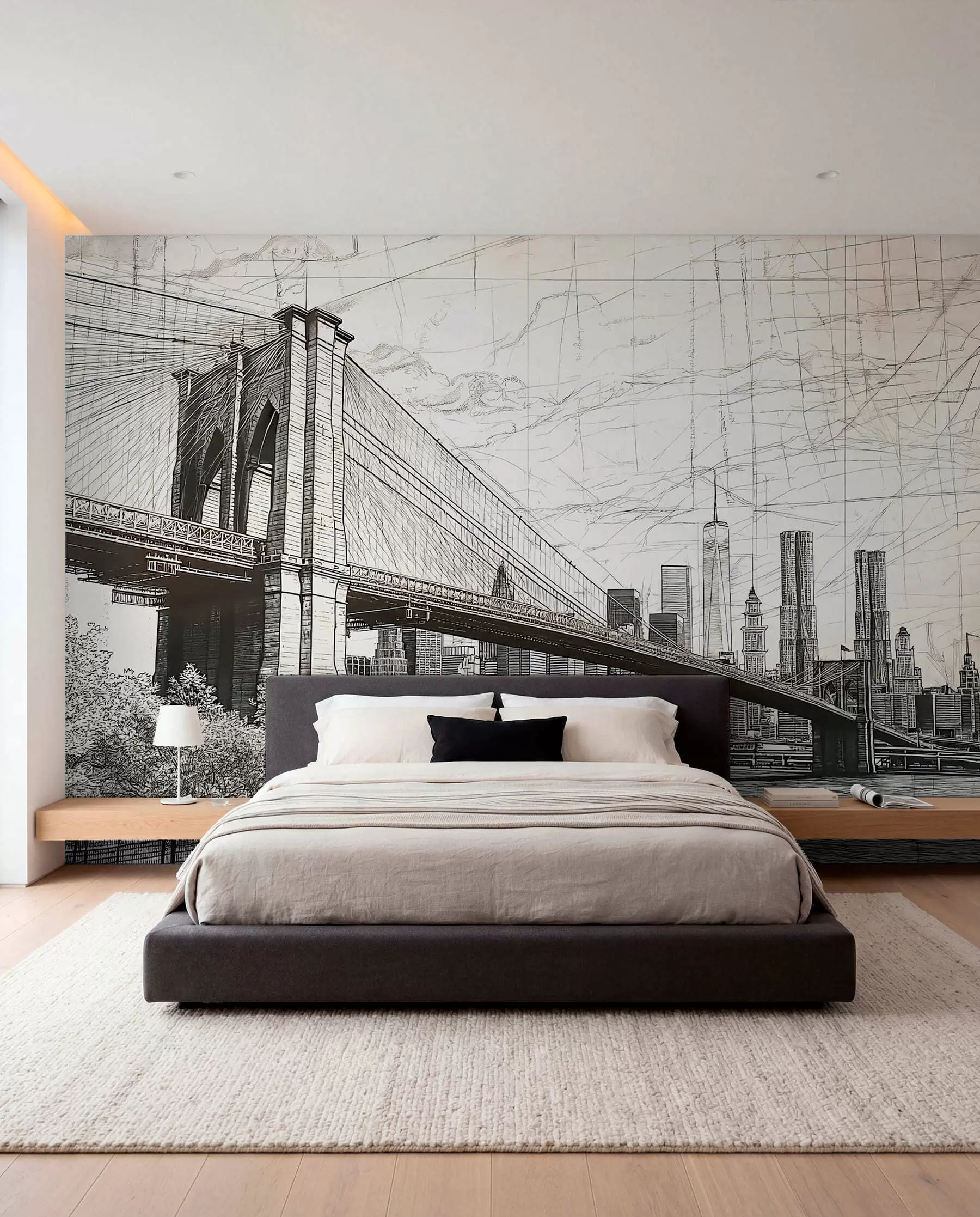 wall murals Панорама Бруклинског моста направљена у скицираној ретро техници са линијама и огреботинама w01961