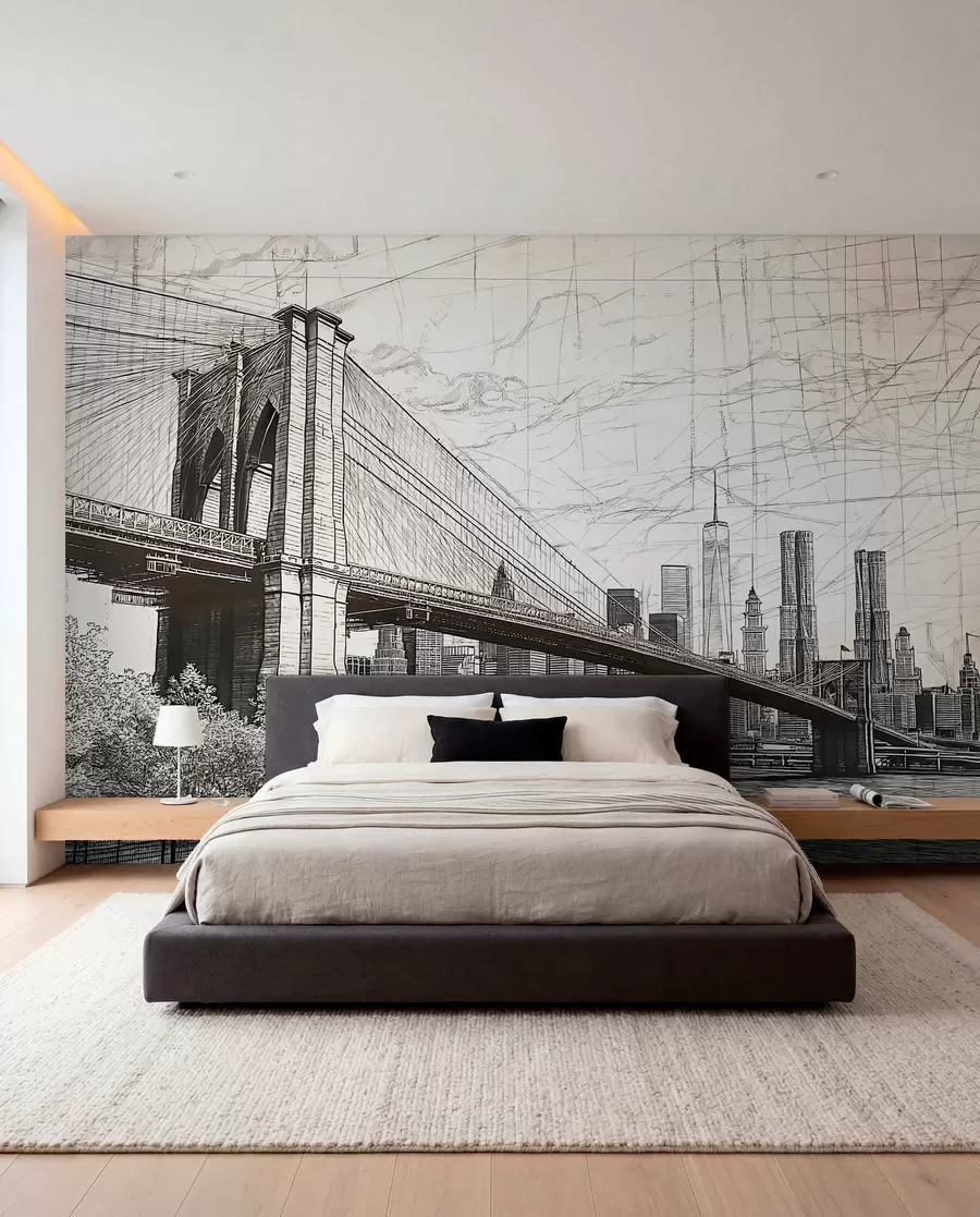 wall murals Панорама Бруклинског моста направљена у скицираној ретро техници са линијама и огреботинама w01961