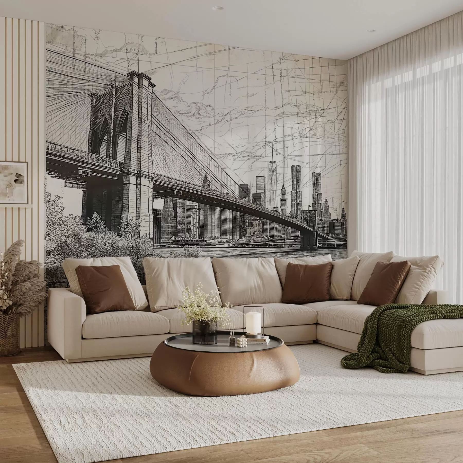 wall murals Панорама Бруклинског моста направљена у скицираној ретро техници са линијама и огреботинама w01961