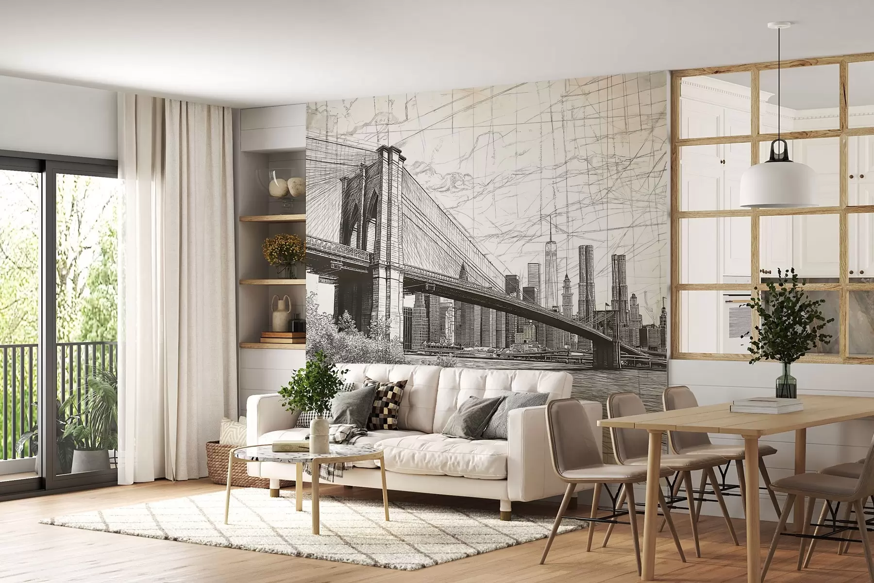 wall murals Панорама Бруклинског моста направљена у скицираној ретро техници са линијама и огреботинама w01961