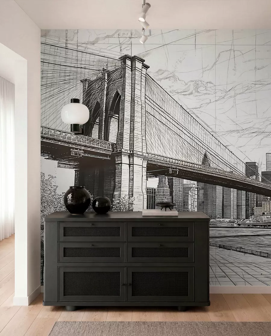 wall murals Панорама Бруклинског моста направљена у скицираној ретро техници са линијама и огреботинама w01961