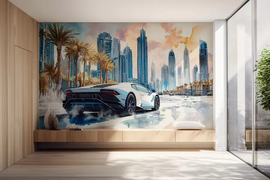 wall murals Бели модерни спортски аутомобил који се трка на позадини палми и небодера у техници слободног акварела w01963