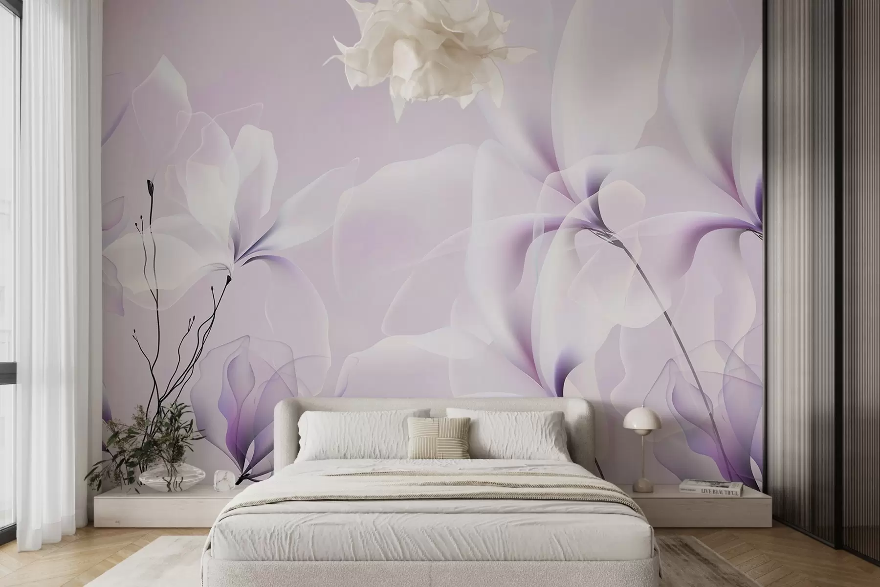wall murals прозирно велико цвеће на ружичастој позадини w02092