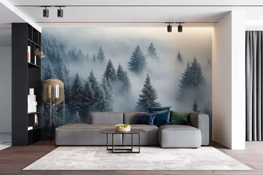 wall murals Густа магла обавија снежну јутарњу шуму у нијансама плаве w02064