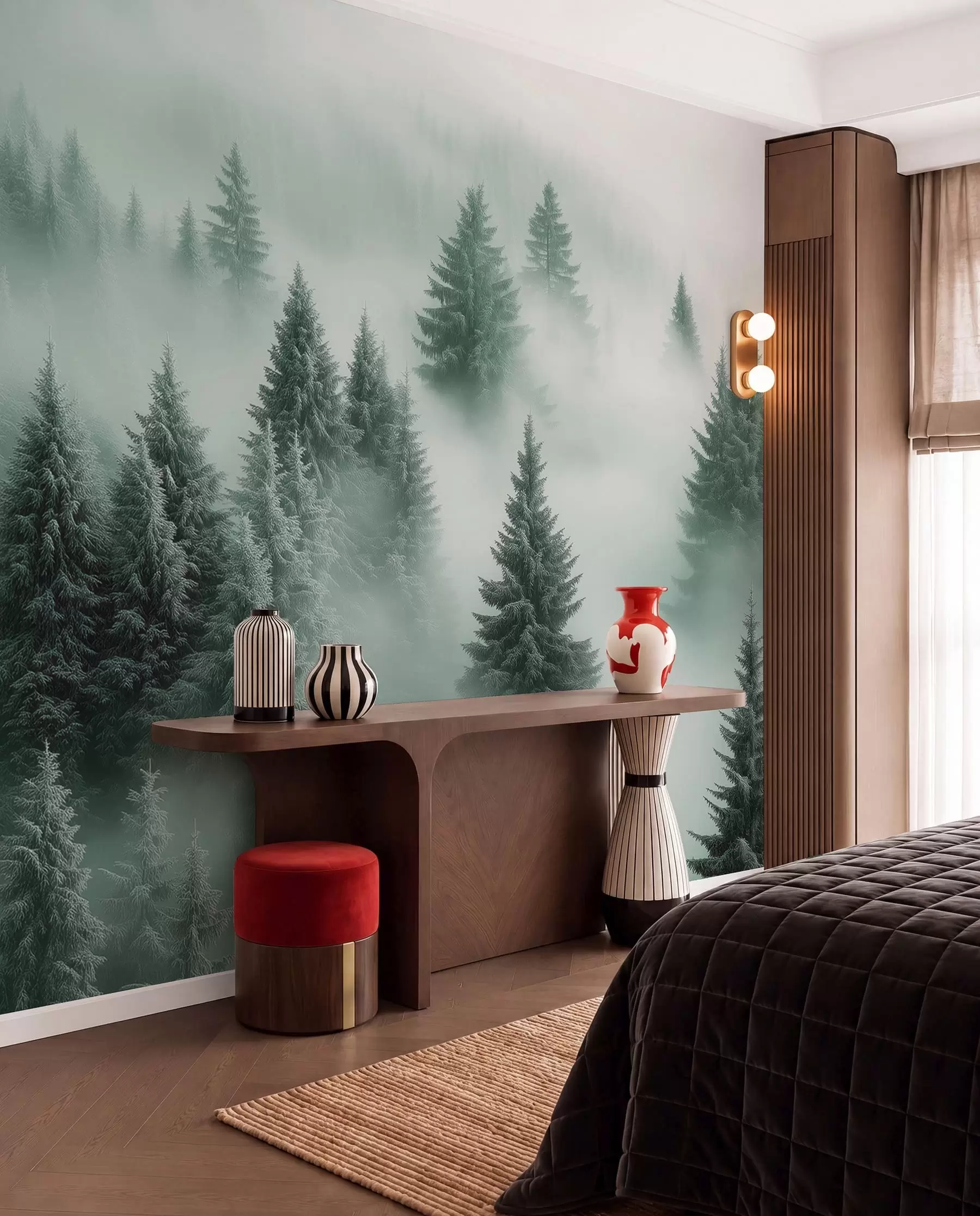 wall murals Густа магла обавија снежну јутарњу шуму у нијансама зелене w02064v1