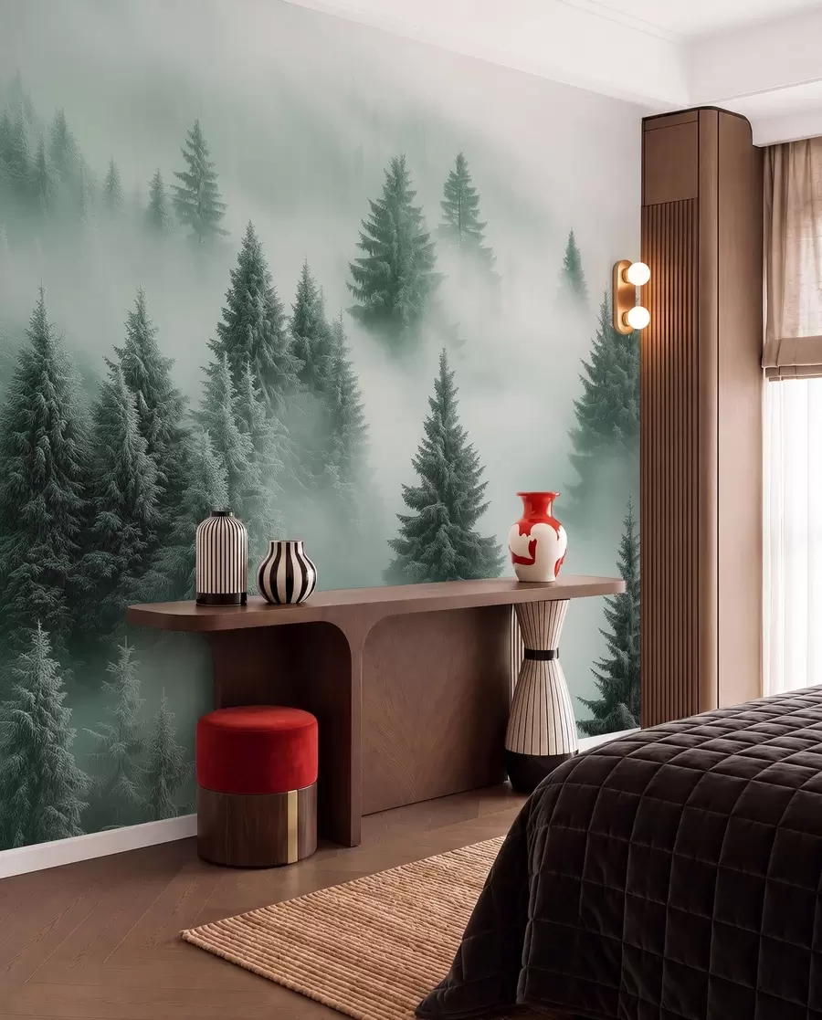 wall murals Густа магла обавија снежну јутарњу шуму у нијансама зелене w02064v1