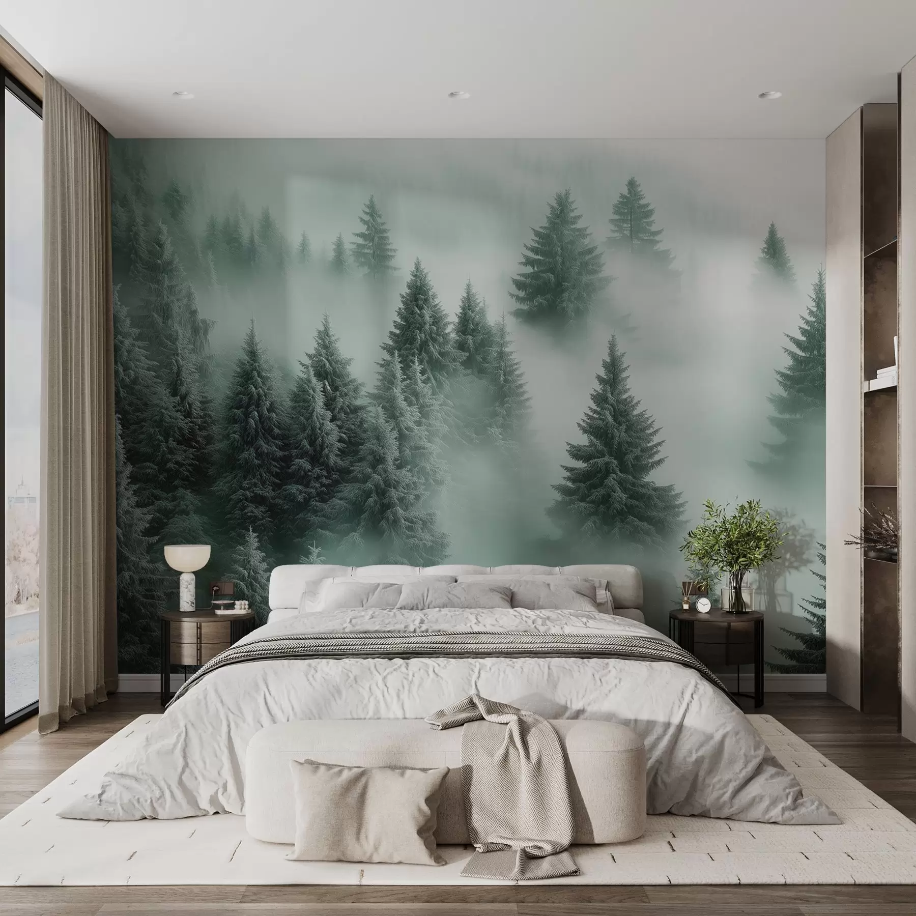 wall murals Густа магла обавија снежну јутарњу шуму у нијансама зелене w02064v1