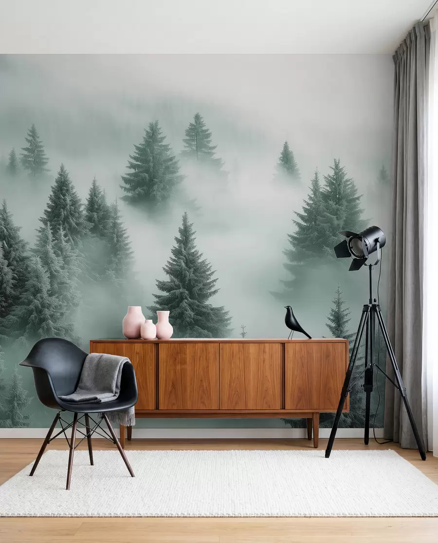 wall murals Густа магла обавија снежну јутарњу шуму у нијансама зелене w02064v1