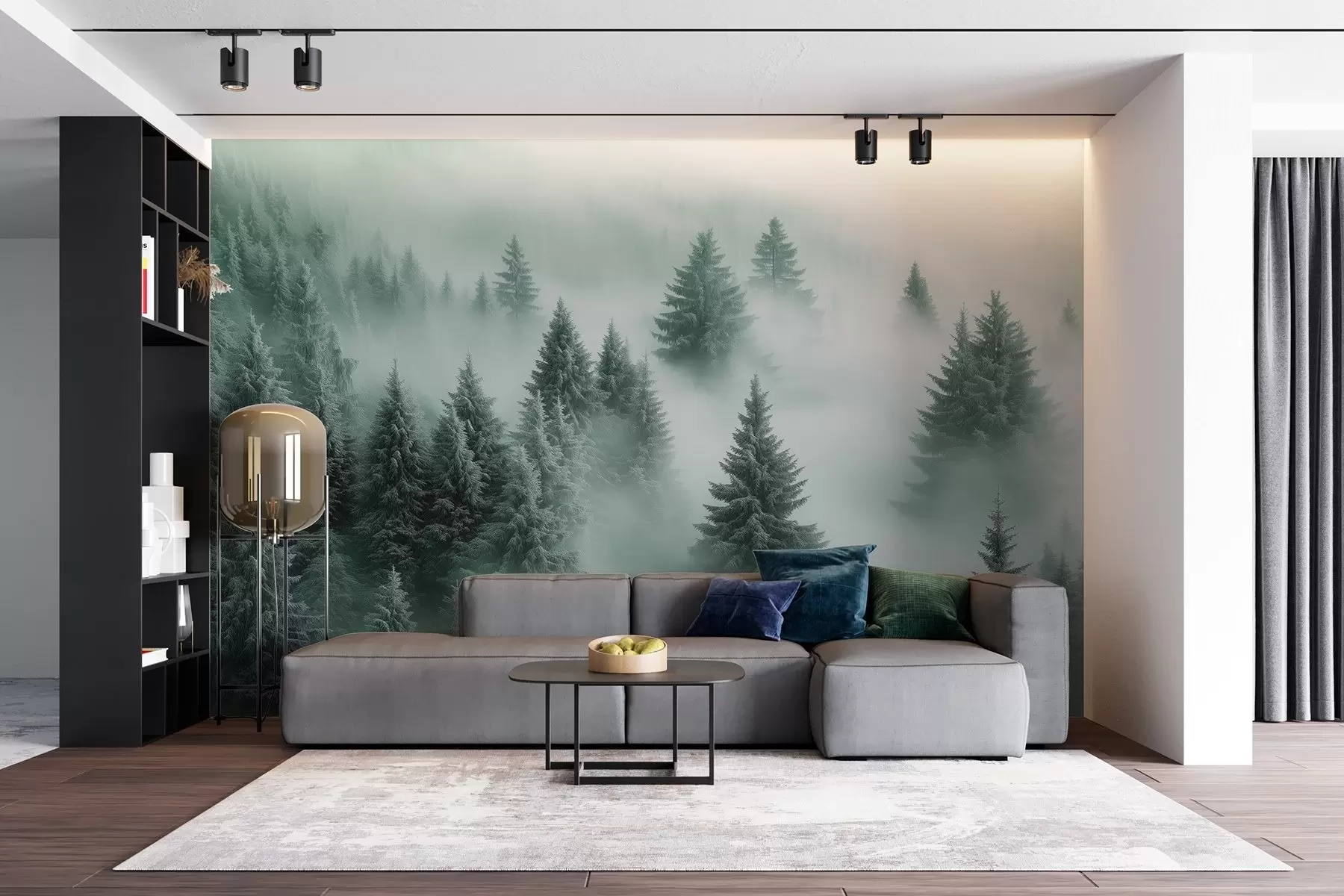wall murals Густа магла обавија снежну јутарњу шуму у нијансама зелене w02064v1