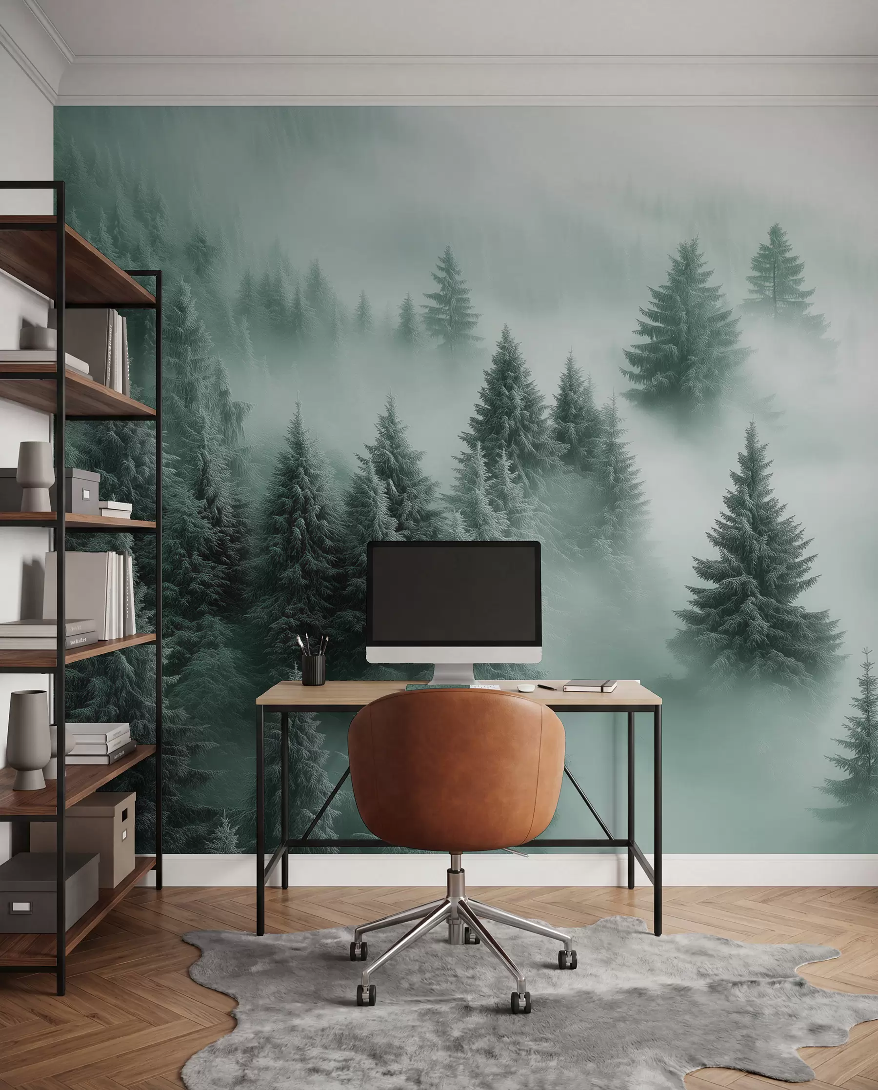 wall murals Густа магла обавија снежну јутарњу шуму у нијансама зелене w02064v1