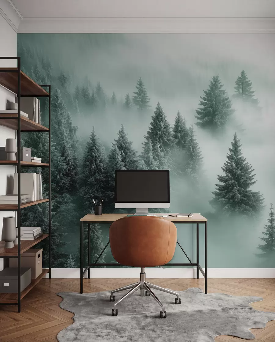 wall murals Густа магла обавија снежну јутарњу шуму у нијансама зелене w02064v1