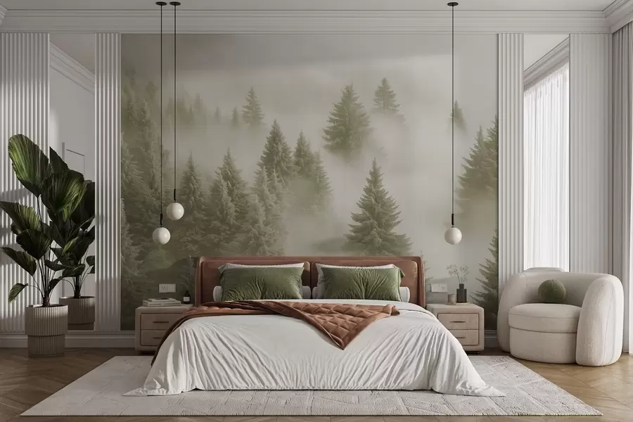 wall murals Густа магла обавија снежну јутарњу шуму у меким зеленим нијансама w02064v2