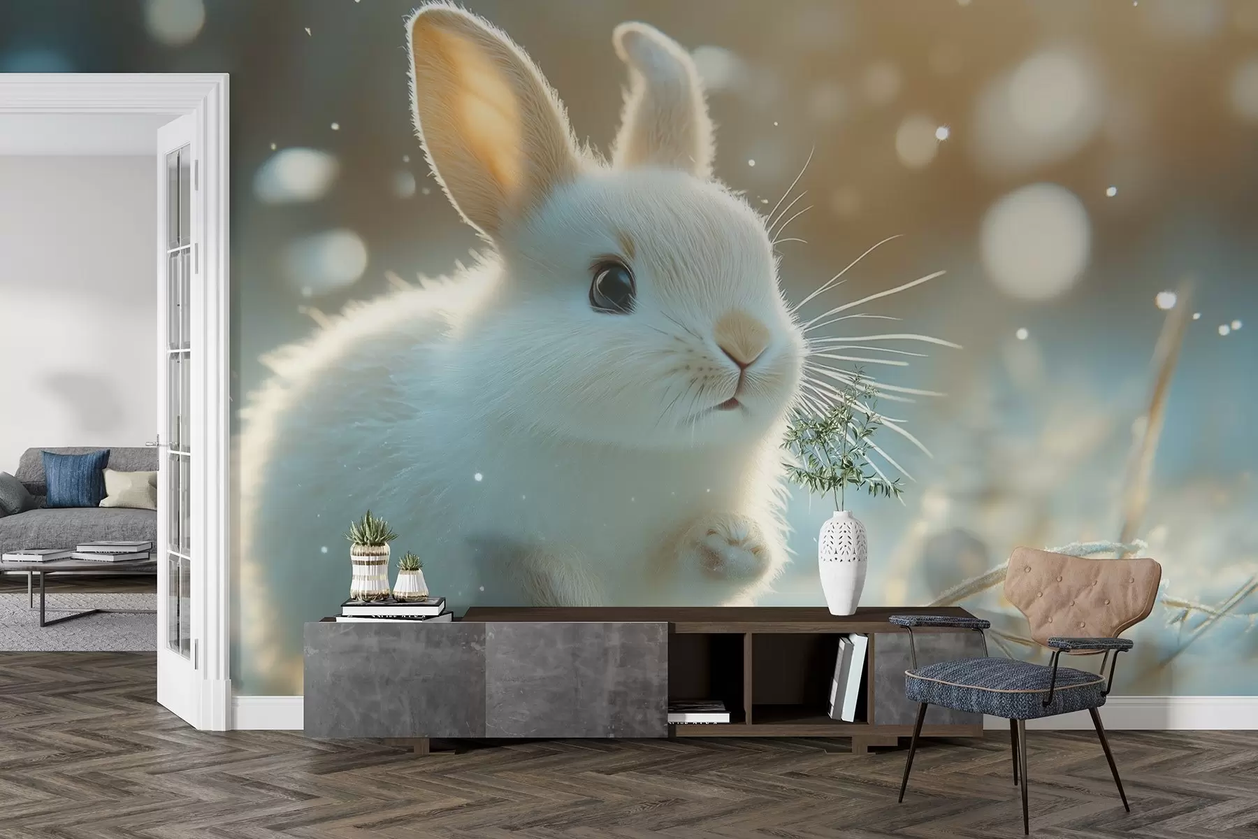 wall murals Слатки бели зец трчи кроз јутарњи снег w02066
