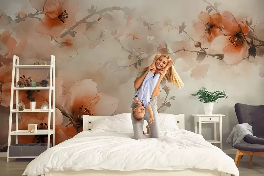 wall murals Акварелна композиција цвећа у топлим нијансама брескве и наранџе w02068