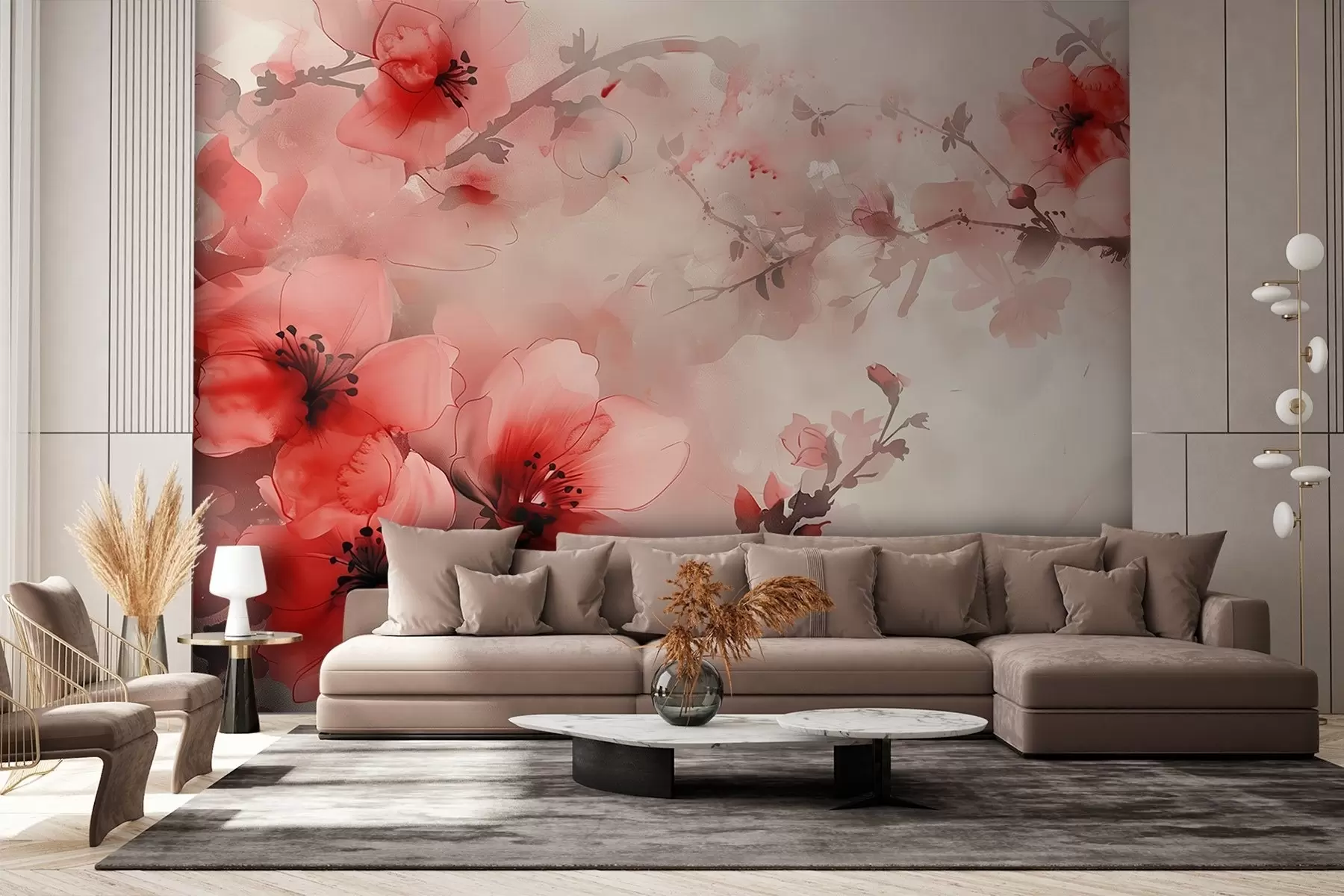 wall murals Акварелна композиција црвеног цвећа на тамним гранама w02068v2