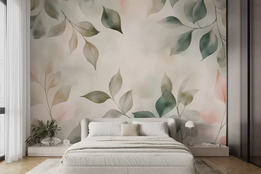 wall murals Акварел жалфија-зелено и ружичасто лишће w02069