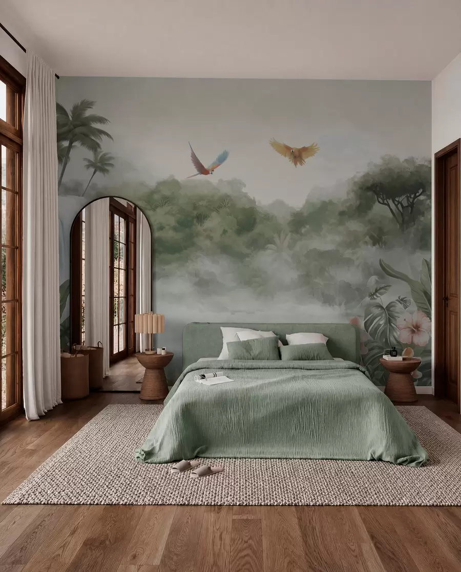 wall murals Тропски пејзаж са водопадом, рибњаком, цвећем и птицама w02127
