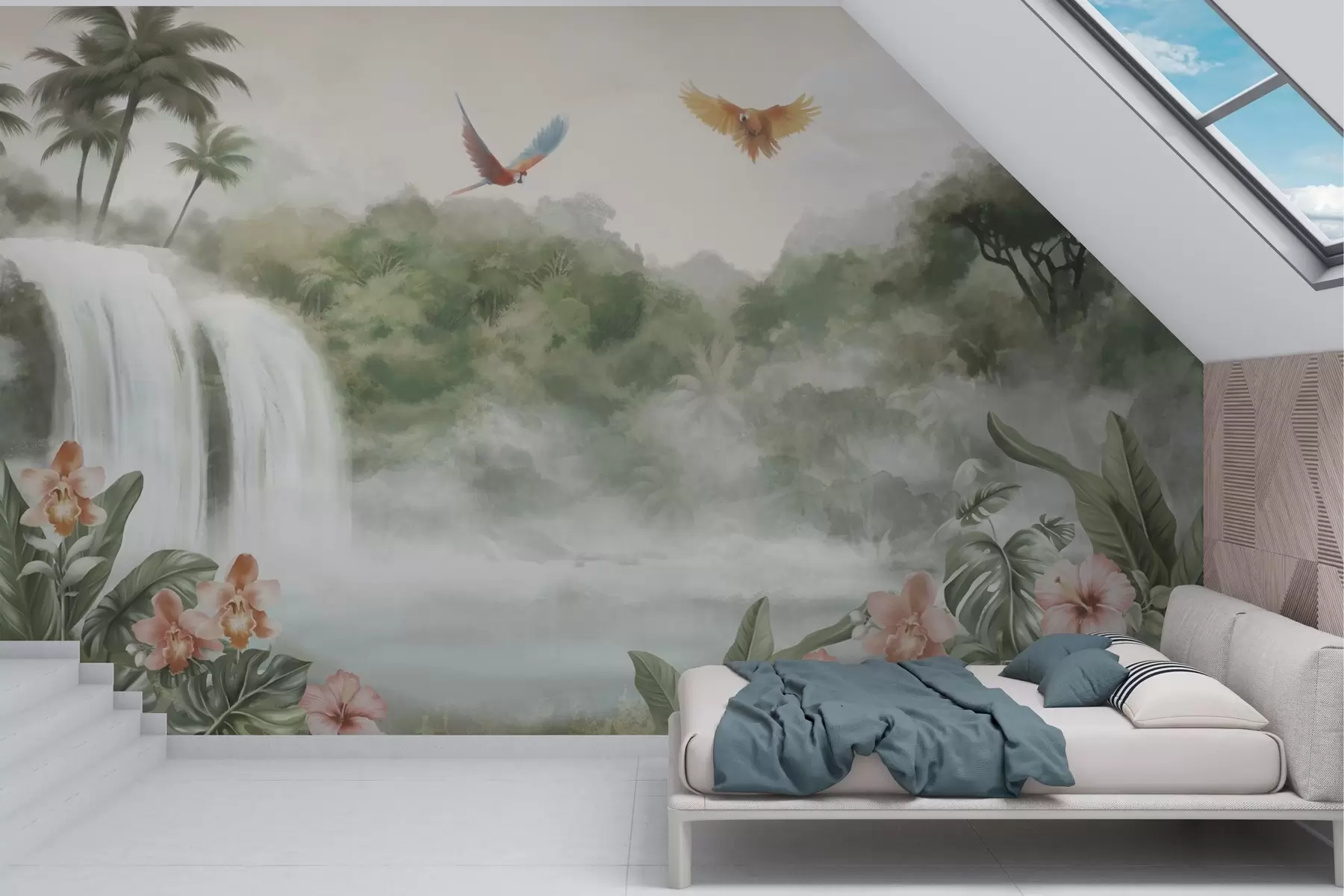 wall murals Тропски пејзаж са водопадом, рибњаком, цвећем и птицама w02127