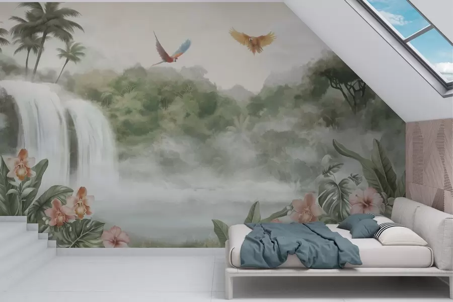 wall murals Тропски пејзаж са водопадом, рибњаком, цвећем и птицама w02127