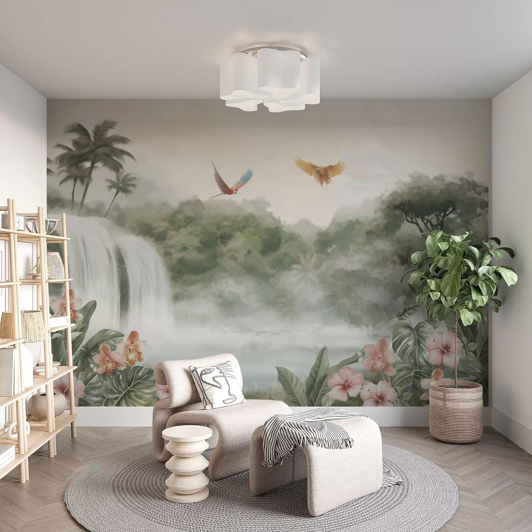 wall murals Тропски пејзаж са водопадом, рибњаком, цвећем и птицама w02127