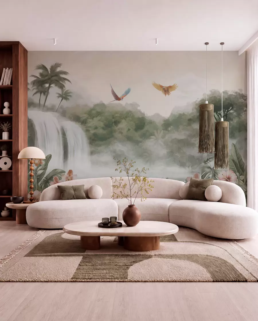 wall murals Тропски пејзаж са водопадом, рибњаком, цвећем и птицама w02127