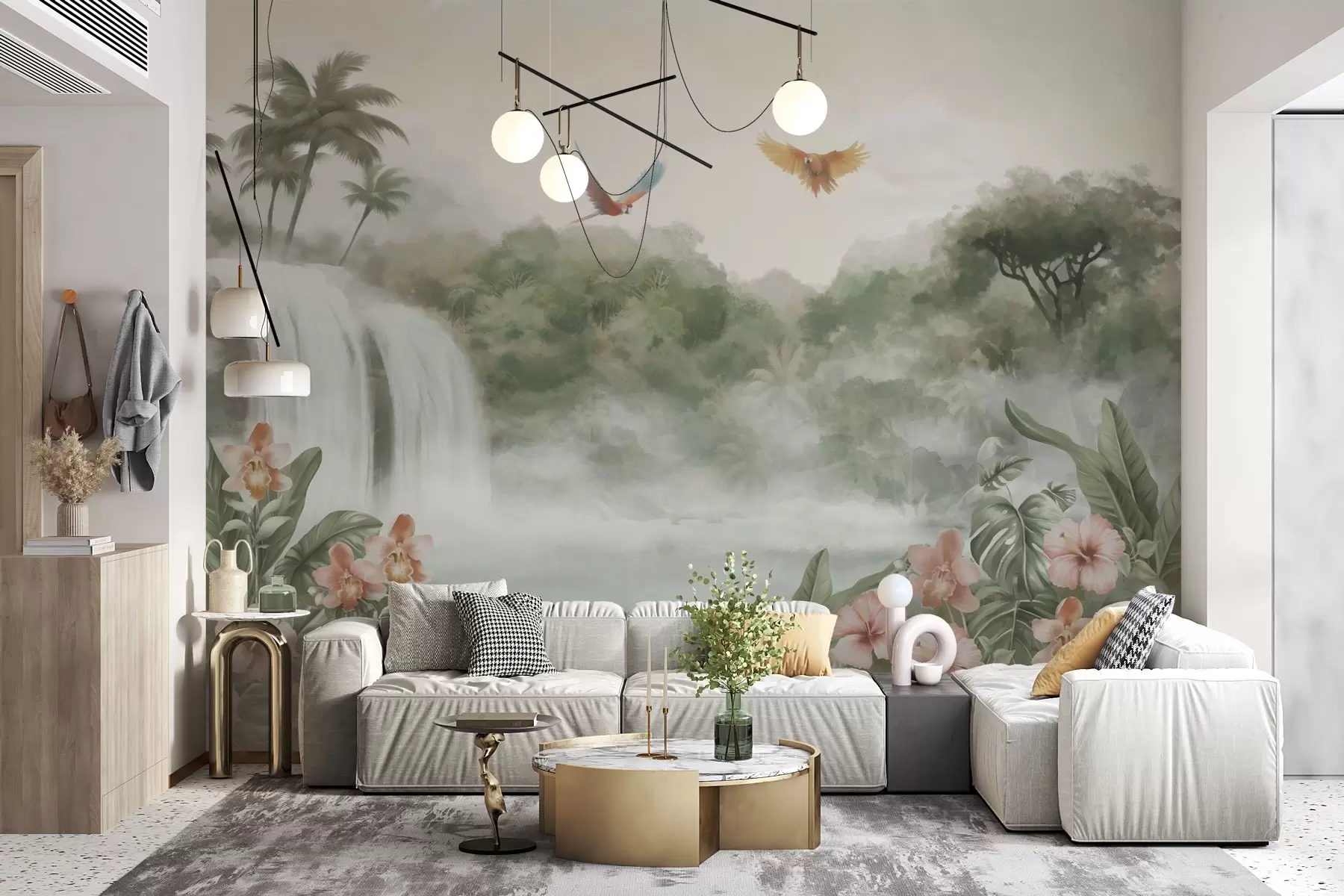 wall murals Тропски пејзаж са водопадом, рибњаком, цвећем и птицама w02127