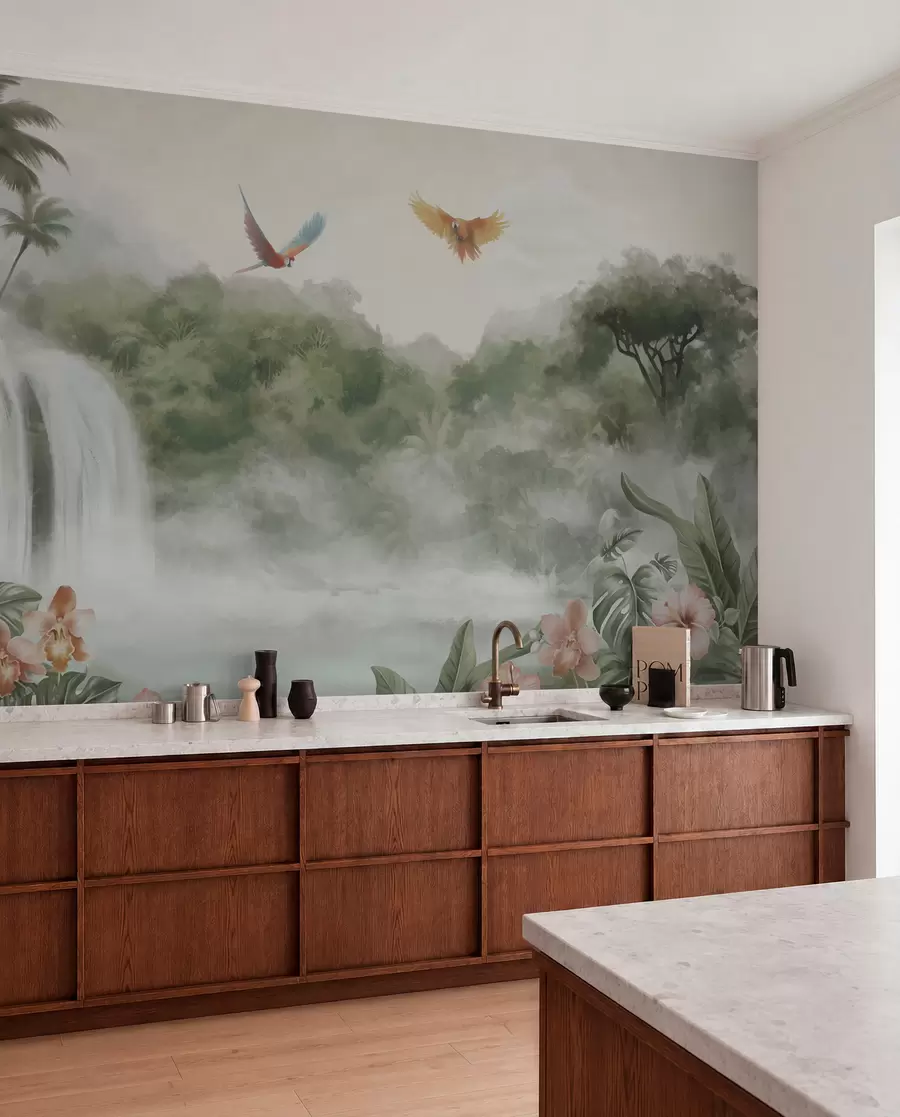 wall murals Тропски пејзаж са водопадом, рибњаком, цвећем и птицама w02127