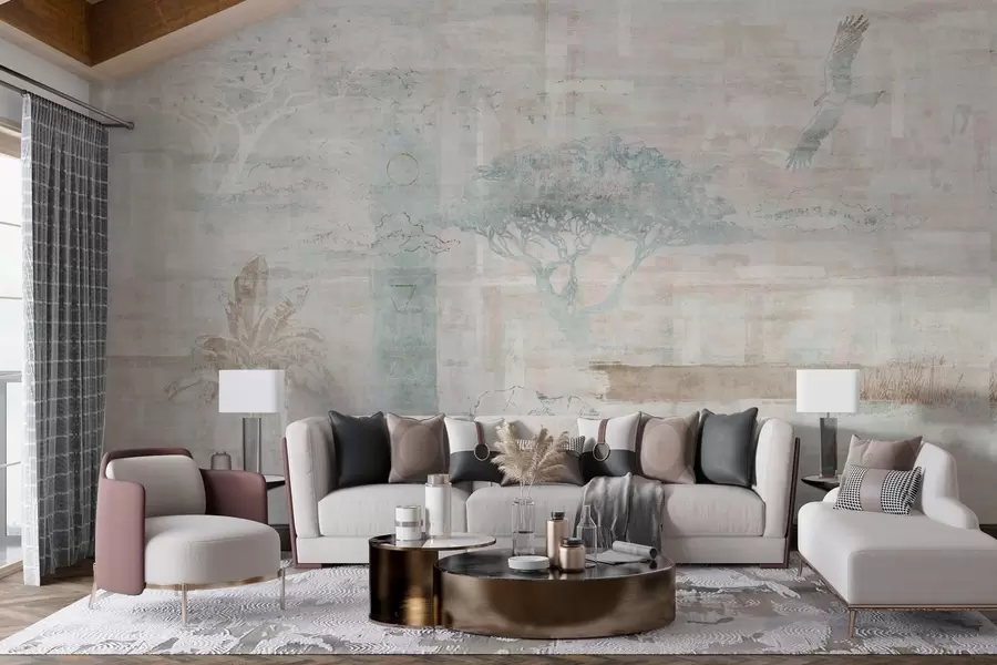 wall murals Винтаге дизајн грунге ефекта са дрвећем, орлом и геометријским елементима w02130