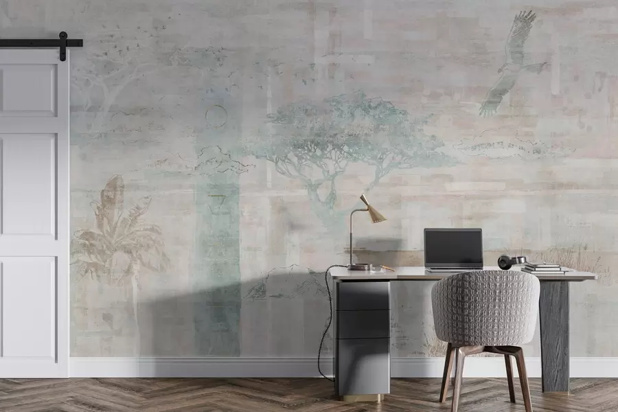 wall murals Винтаге дизајн грунге ефекта са дрвећем, орлом и геометријским елементима w02130