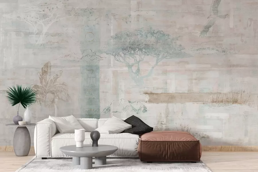 wall murals Винтаге дизајн грунге ефекта са дрвећем, орлом и геометријским елементима w02130