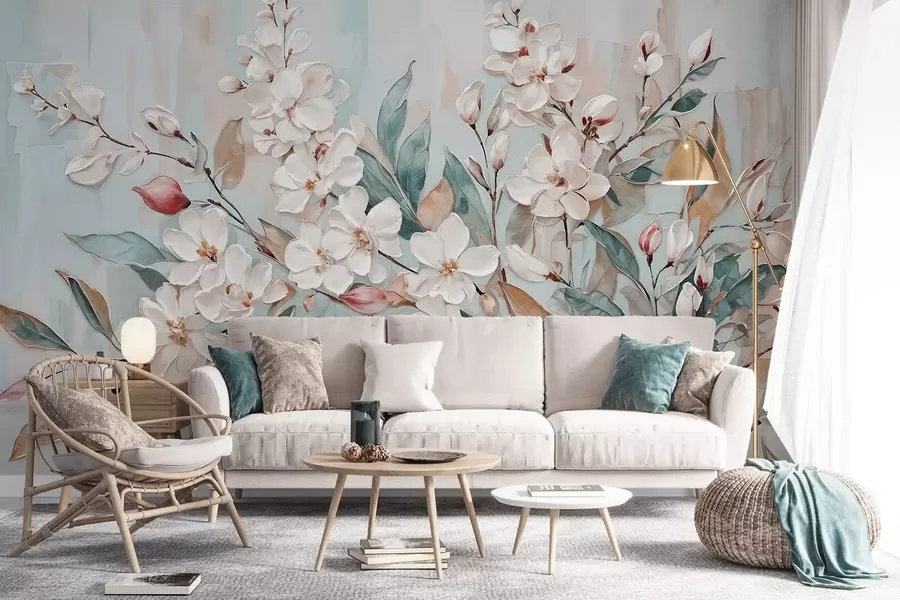 wall murals Цветно пастелно нежно бело цвеће са ружичастим срединама, окружено бујним зеленим листовима и гранама w08399