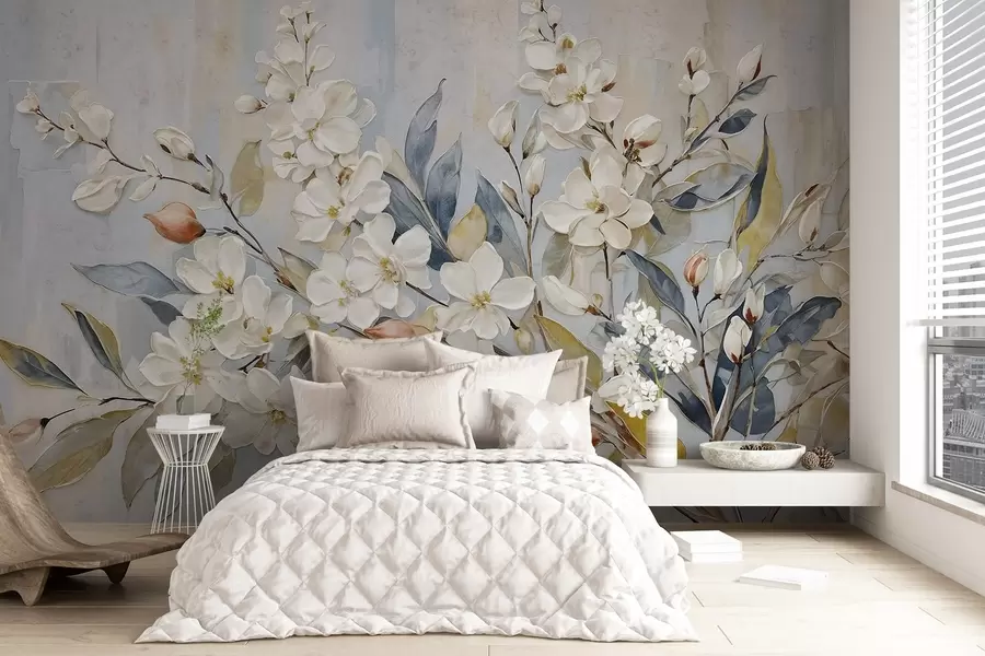 wall murals Цветни пастелни деликатни бели цветови са жутим средиштима, окружени бујним зеленим листовима и гранама w08399v1