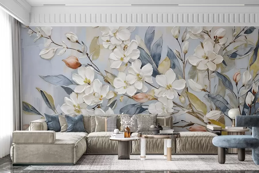 wall murals Цветни пастелни деликатни бели цветови са жутим средиштима, окружени бујним зеленим листовима и гранама w08399v1
