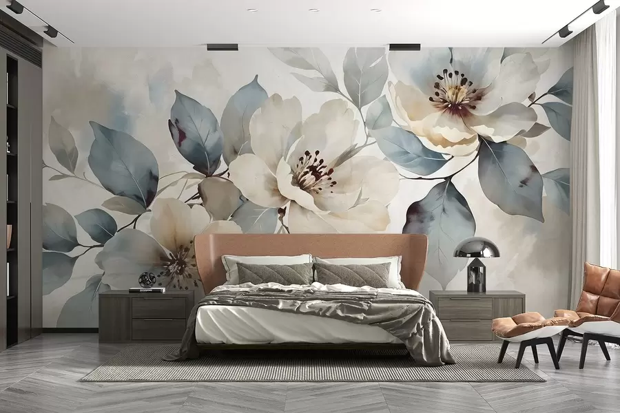 wall murals Деликатни акварел текстурирани бели и плави цветни аранжман, са меким латицама и срединама w08401
