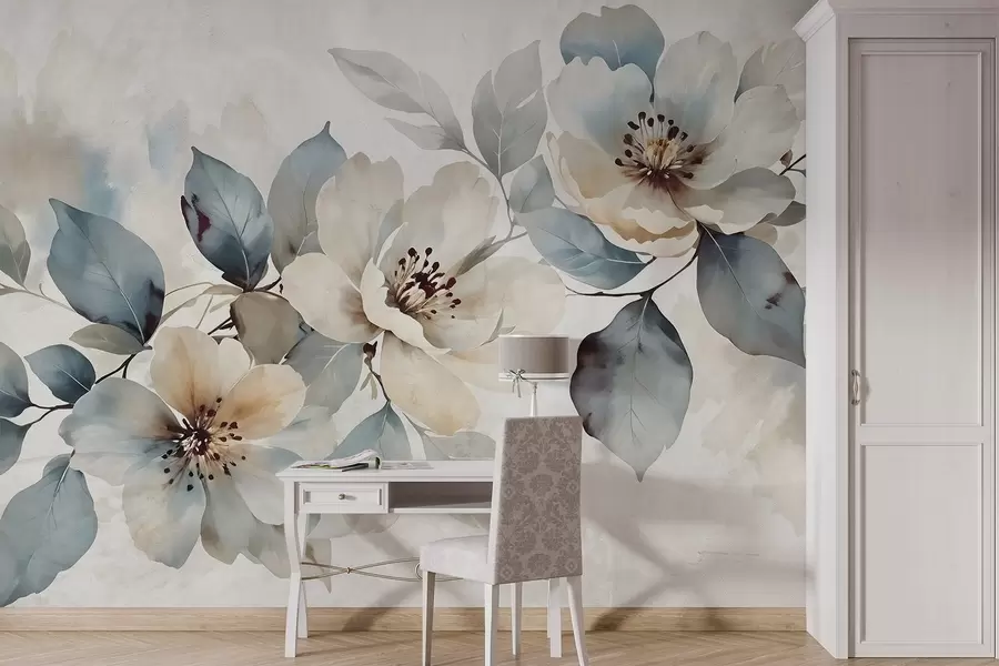 wall murals Деликатни акварел текстурирани бели и плави цветни аранжман, са меким латицама и срединама w08401
