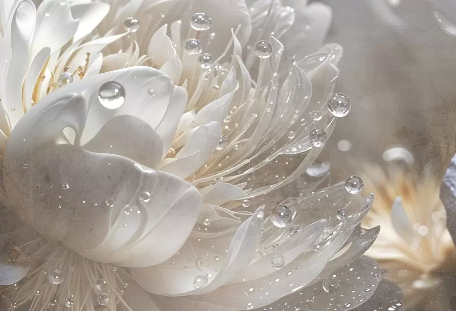 wall murals Крупни план беж цвета божура са капљицама воде на његовим деликатним латицама, стварајући меку атмосферу w08402