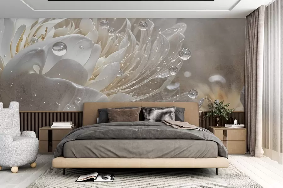 wall murals Крупни план беж цвета божура са капљицама воде на његовим деликатним латицама, стварајући меку атмосферу w08402