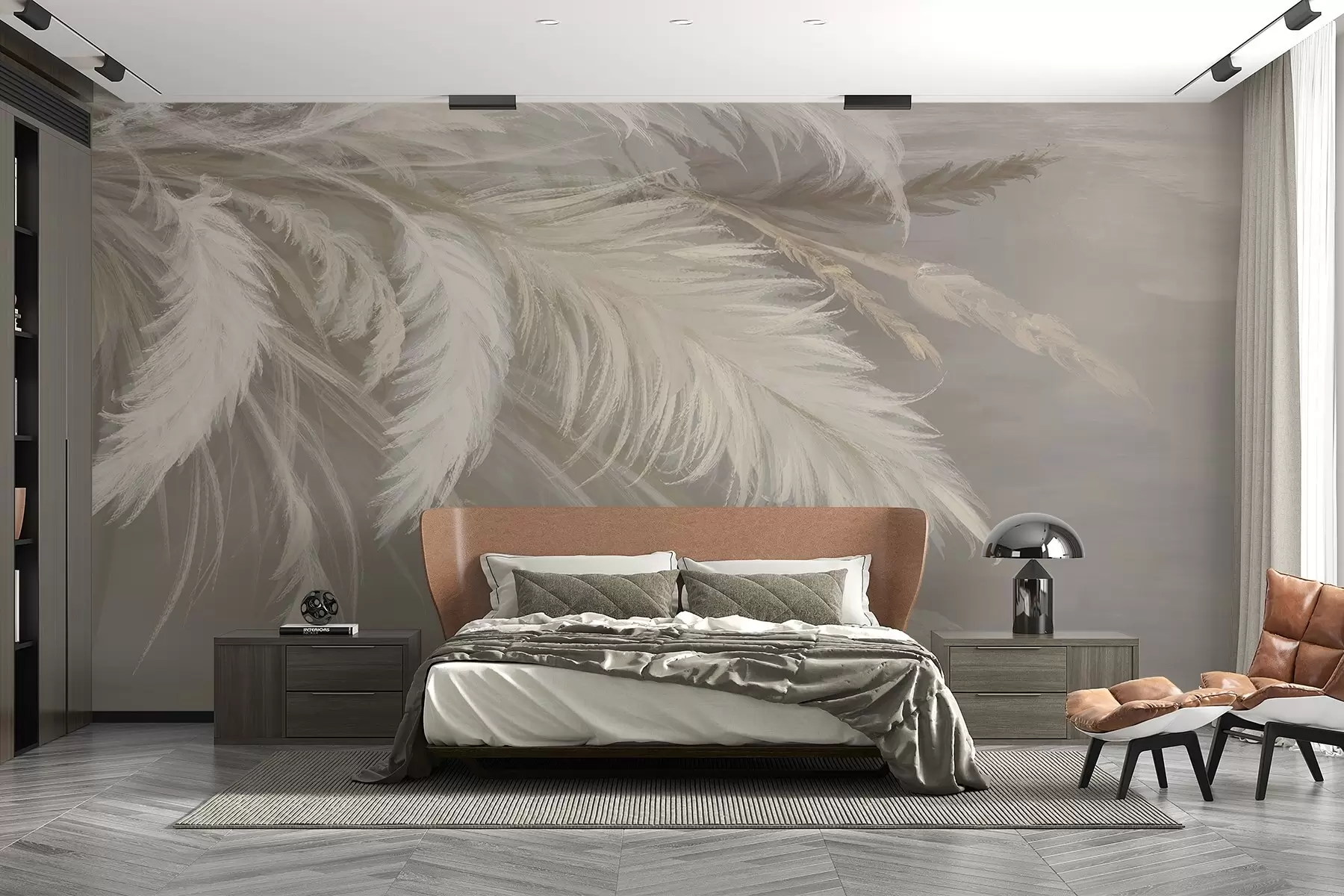 wall murals Меко, пухасто бело перје и сушено цвеће на неутралној пастелној беж позадини w08403