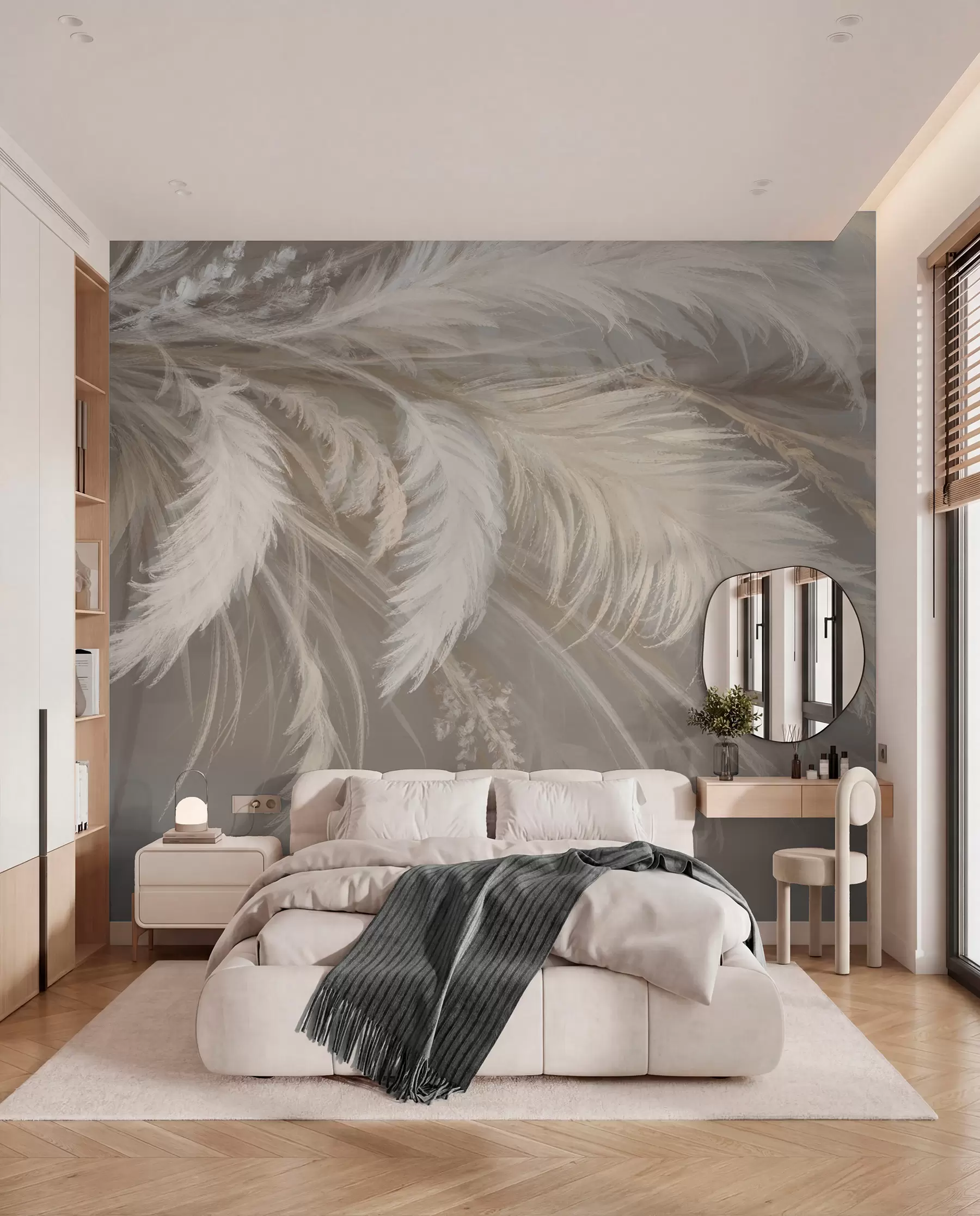 wall murals Меко, пухасто бело перје и сушено цвеће на неутралној пастелној беж позадини w08403