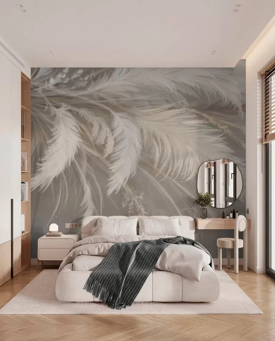wall murals Меко, пухасто бело перје и сушено цвеће на неутралној пастелној беж позадини w08403