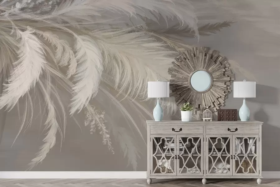 wall murals Меко, пухасто бело перје и сушено цвеће на неутралној пастелној беж позадини w08403
