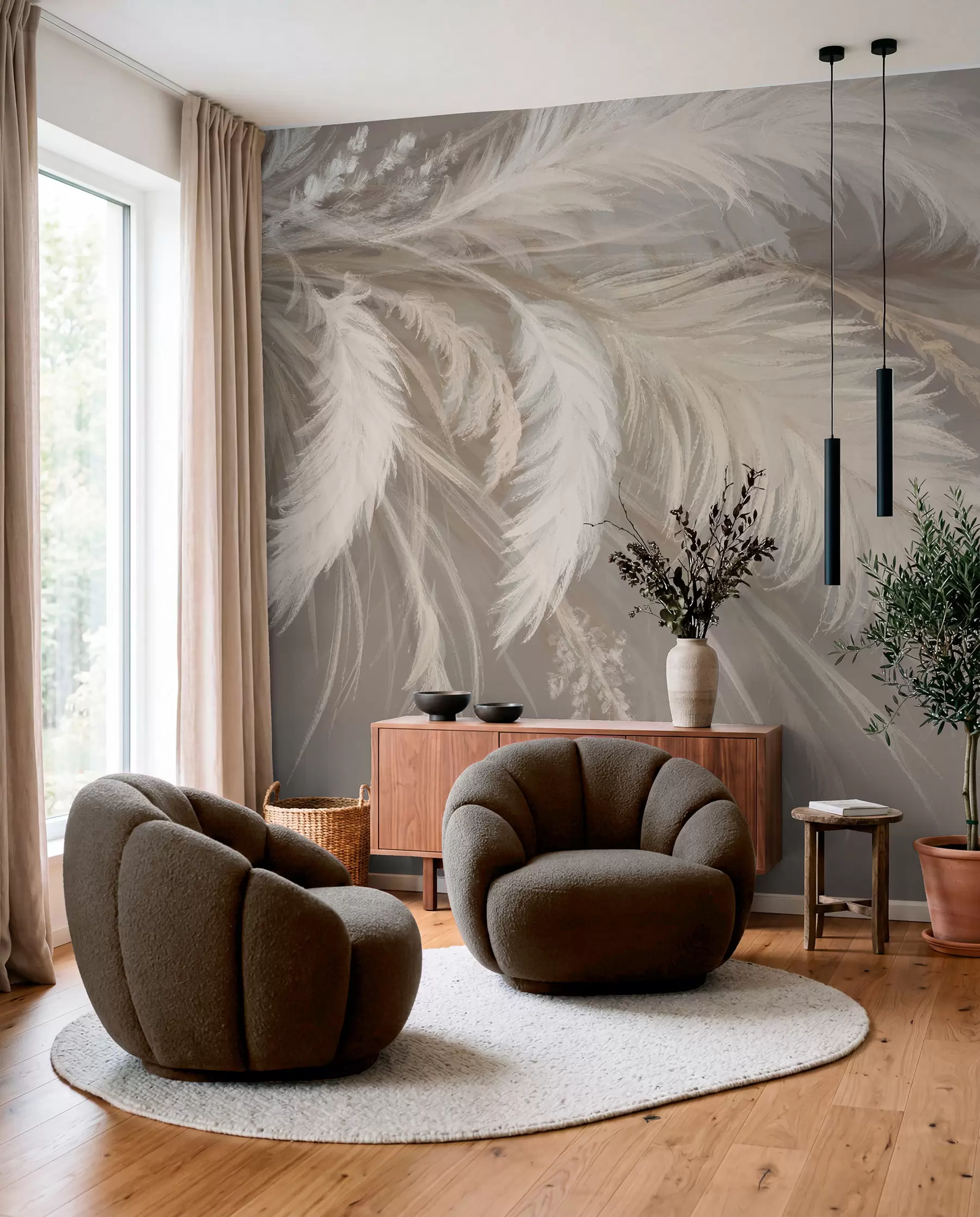 wall murals Меко, пухасто бело перје и сушено цвеће на неутралној пастелној беж позадини w08403
