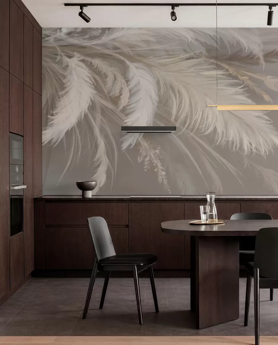 wall murals Меко, пухасто бело перје и сушено цвеће на неутралној пастелној беж позадини w08403