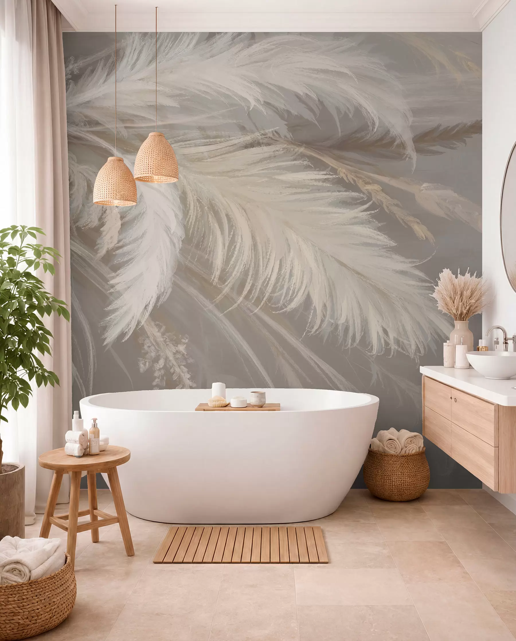 wall murals Меко, пухасто бело перје и сушено цвеће на неутралној пастелној беж позадини w08403