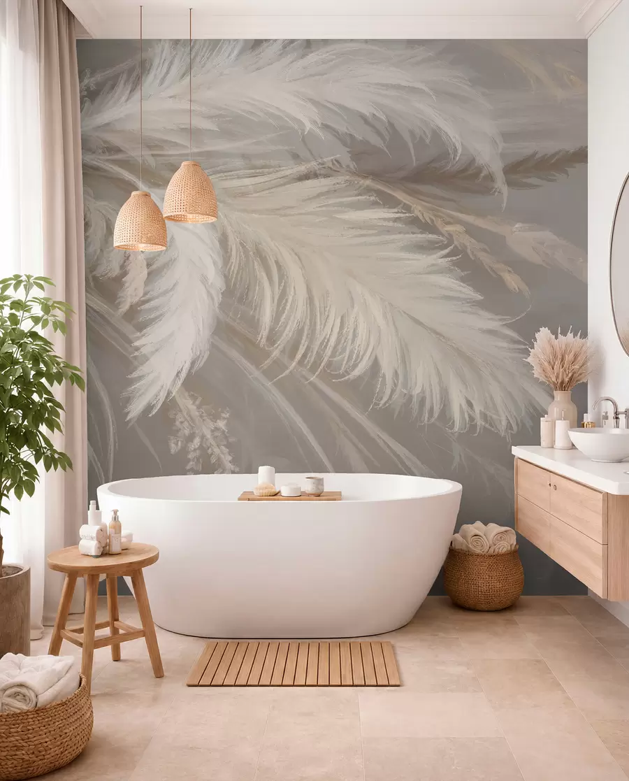 wall murals Меко, пухасто бело перје и сушено цвеће на неутралној пастелној беж позадини w08403