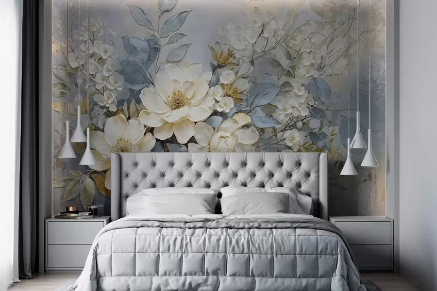 wall murals Текстурирани велики бели и бледо жути цветови са сиво-зеленим листовима на мекој, замућеној позадини w08404