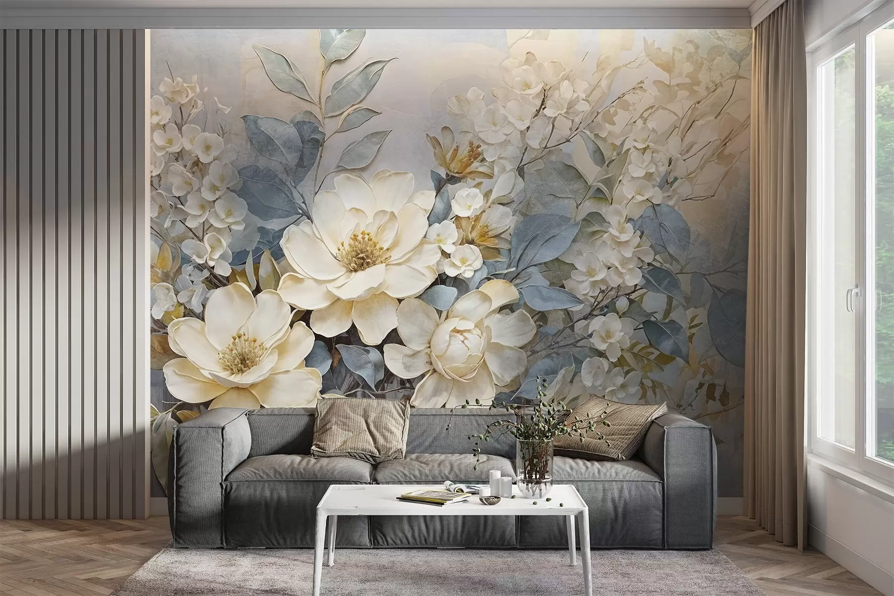 wall murals Текстурирани велики бели и бледо жути цветови са сиво-зеленим листовима на мекој, замућеној позадини w08404