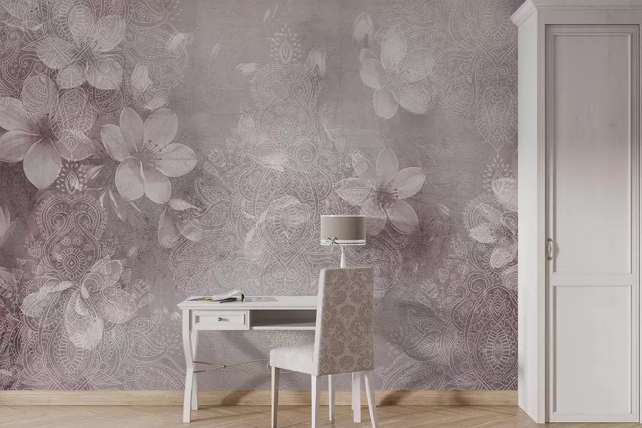 wall murals Цртеж меког фокуса деликатног белог цвећа на замућеној текстурираној чипканој бордо позадини w08405v2