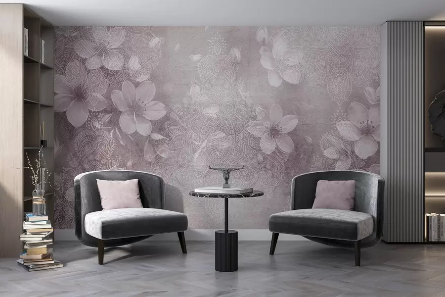 wall murals Цртеж меког фокуса деликатног белог цвећа на замућеној текстурираној чипканој бордо позадини w08405v2